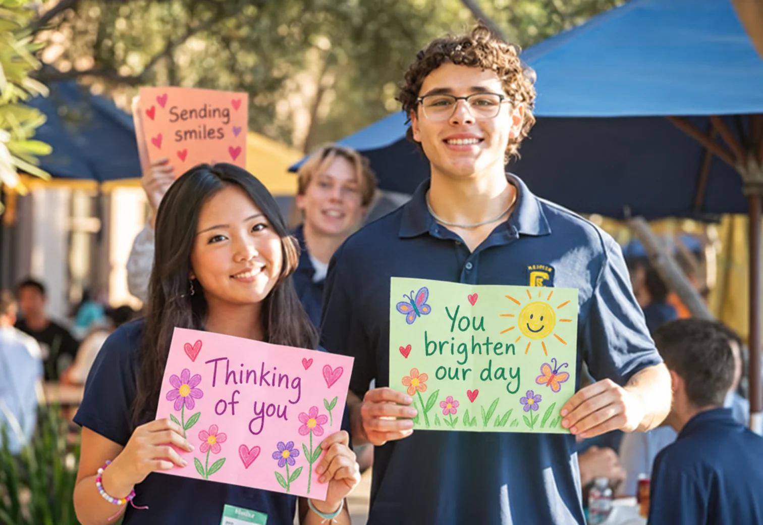 Students smiling and holding colorful handmade care cards