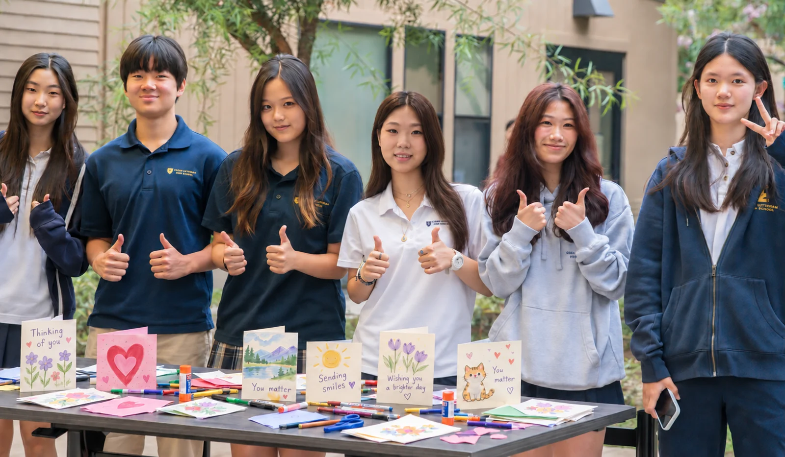 A group of students showing their care cards behind a craft table