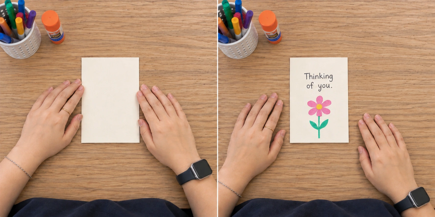 Overhead view of the blank folded card, with both edges aligned