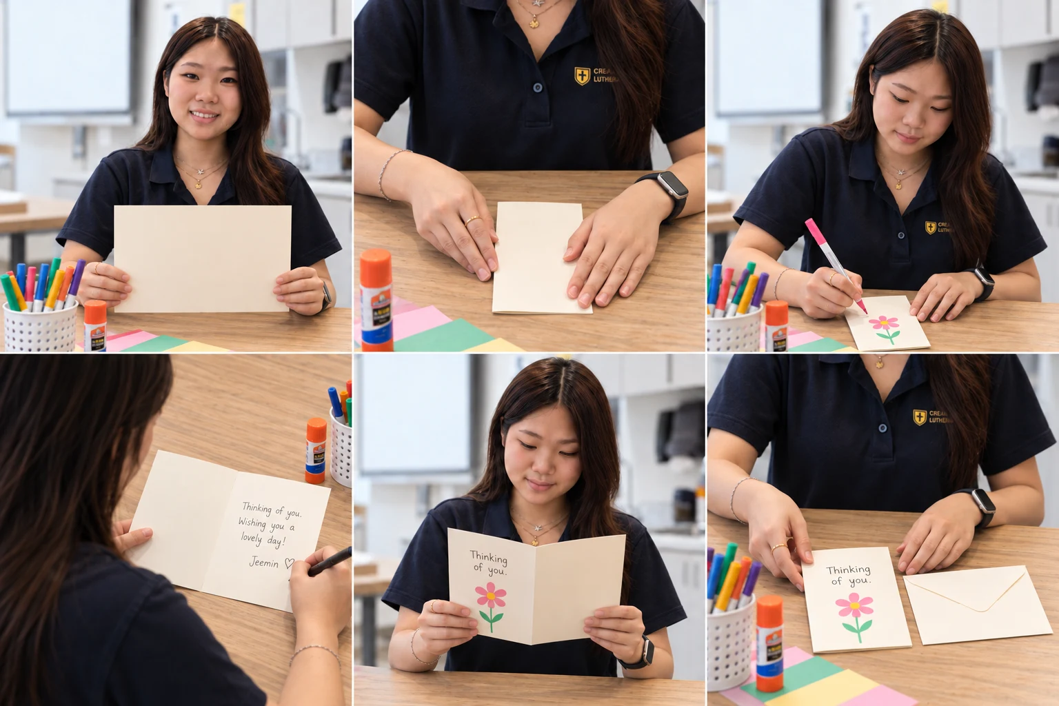Jeemin holding the unfolded cream rectangular sheet horizontally before folding