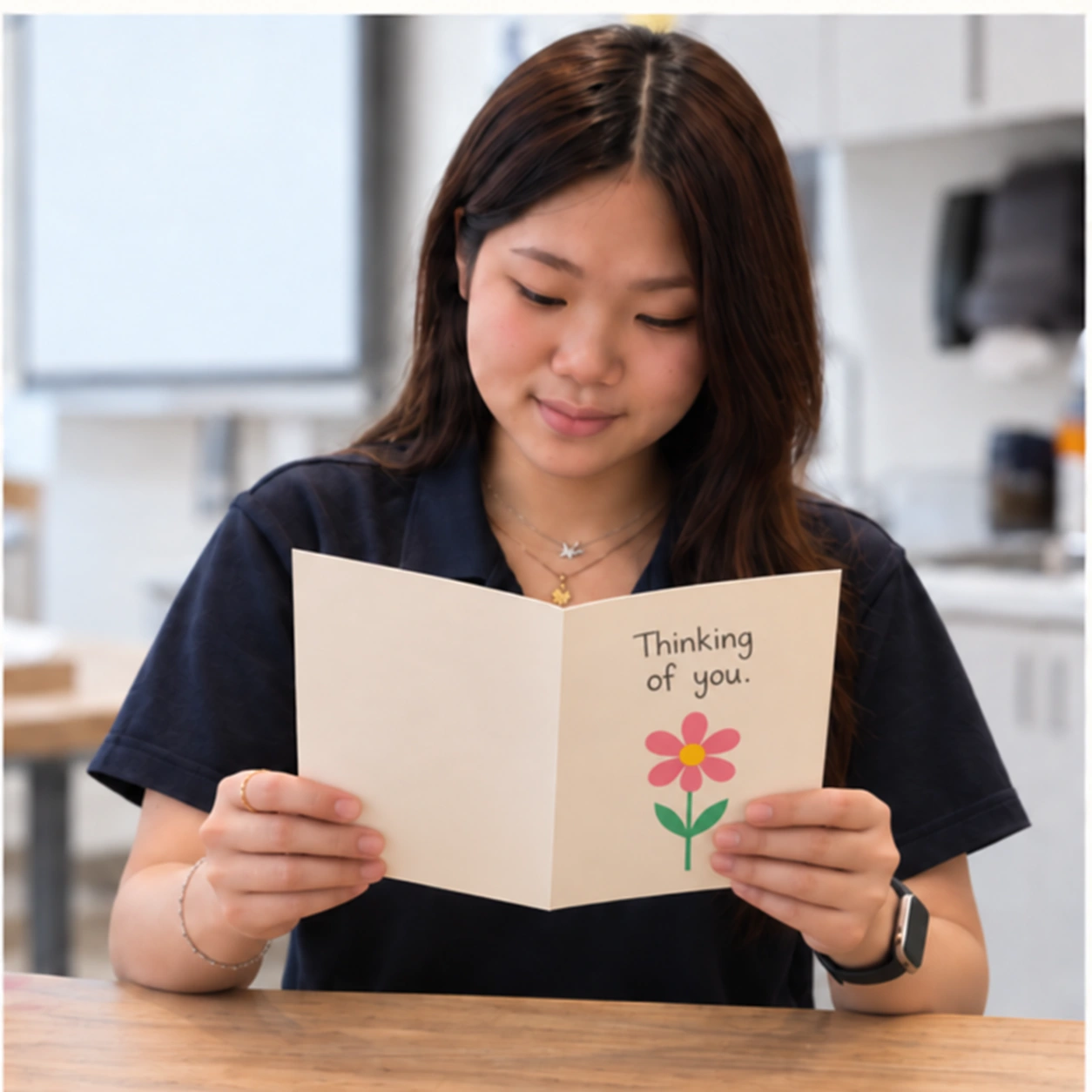 Jeemin reading the open card, with the flower and greeting on the viewer’s right outer panel and the left panel blank